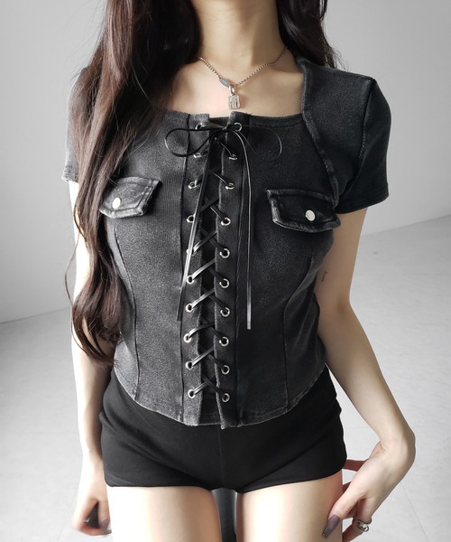 me+em select(ミームセレクト)の「【 2color 】ヴィンテージレースアップスクエア半袖Tシャツ / vintage laceup square T-shirts ※※(Tシャツ/カットソー・レディース・ブラック/グレー・FREE)」の15枚目の写真