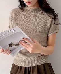 ウールブレンド ウール混素材の上品見えトップス モックネック ニット 半袖 春ニット