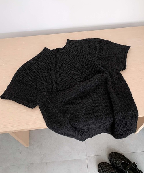 LOWO(ロワ)の「ウールブレンド ウール混素材の上品見えトップス モックネック ニット 半袖 春ニット(ニット/セーター・レディース・モカ/ブラック/ライトグレー/グレー/ベージュ・FREE)」の12枚目の写真