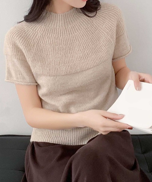 LOWO(ロワ)の「ウールブレンド ウール混素材の上品見えトップス モックネック ニット 半袖 春ニット(ニット/セーター・レディース・モカ/ブラック/ライトグレー/グレー/ベージュ・FREE)」の21枚目の写真