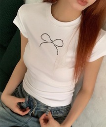 リボンラインストーン半袖Tシャツ