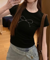 リボンラインストーン半袖Tシャツ