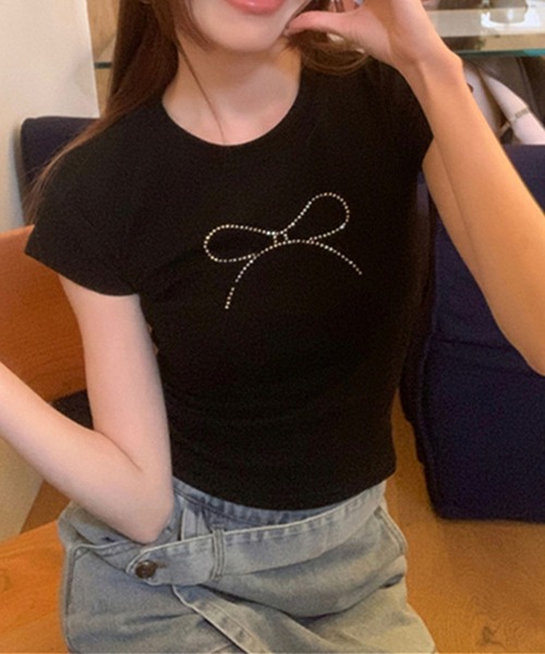 GLAMOROUS JANE（グラマラスジェーン）の「リボンラインストーン半袖Tシャツ（Tシャツ/カットソー・レディース・ホワイト/ブラック・FREE）」の22枚目の写真