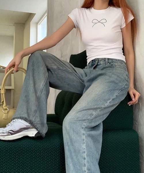 GLAMOROUS JANE（グラマラスジェーン）の「リボンラインストーン半袖Tシャツ（Tシャツ/カットソー・レディース・ホワイト/ブラック・FREE）」の6枚目の写真
