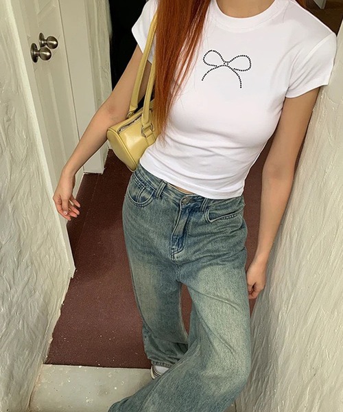 GLAMOROUS JANE（グラマラスジェーン）の「リボンラインストーン半袖Tシャツ（Tシャツ/カットソー・レディース・ホワイト/ブラック・FREE）」の7枚目の写真