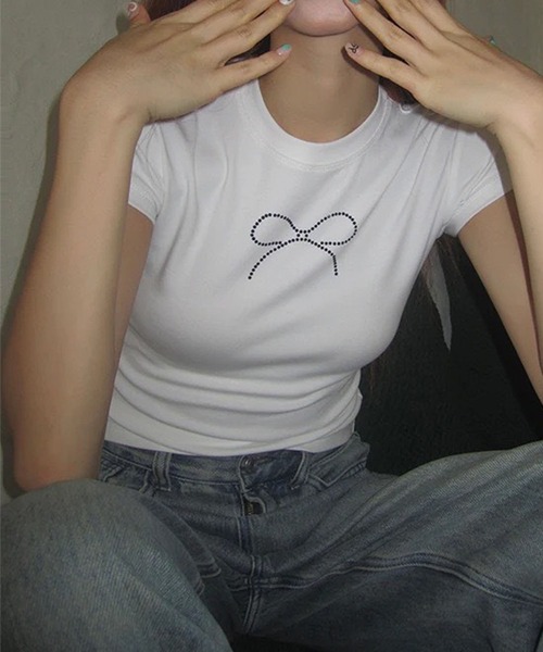 GLAMOROUS JANE（グラマラスジェーン）の「リボンラインストーン半袖Tシャツ（Tシャツ/カットソー・レディース・ホワイト/ブラック・FREE）」の19枚目の写真