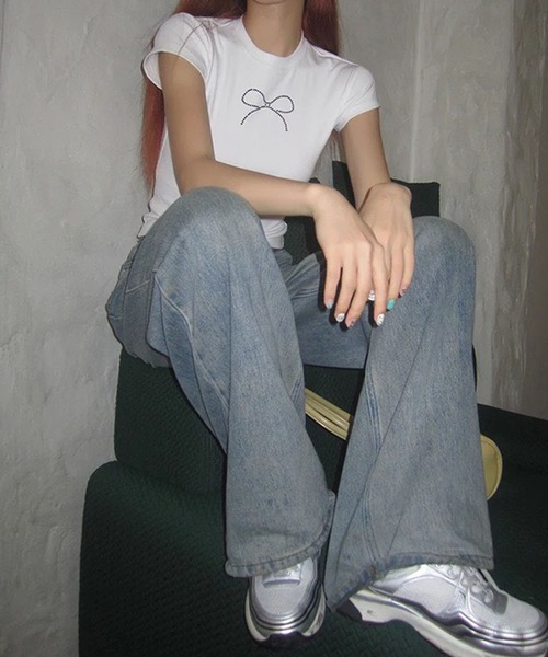 GLAMOROUS JANE（グラマラスジェーン）の「リボンラインストーン半袖Tシャツ（Tシャツ/カットソー・レディース・ホワイト/ブラック・FREE）」の21枚目の写真