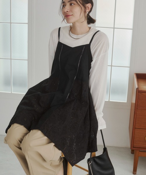 ANGIE（アンジー）の「コットン 刺繍 レース キャミソール チュニック（キャミソール・レディース・ブラック/オフホワイト・FREE）」の6枚目の写真