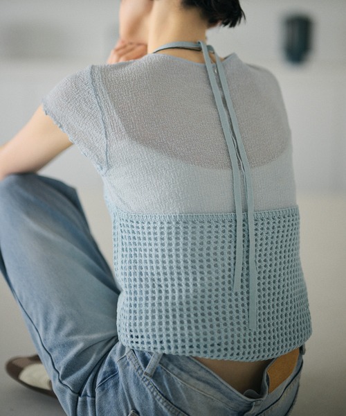 LAULEN（ローレン）の「mesh halter neck knit tops /メッシュホルターネックニットトップス（キャミソール・レディース・ブラック/イエロー/ブルー/アイボリー・FREE）」の16枚目の写真