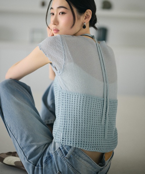 LAULEN（ローレン）の「mesh halter neck knit tops /メッシュホルターネックニットトップス（キャミソール・レディース・ブラック/イエロー/ブルー/アイボリー・FREE）」の15枚目の写真