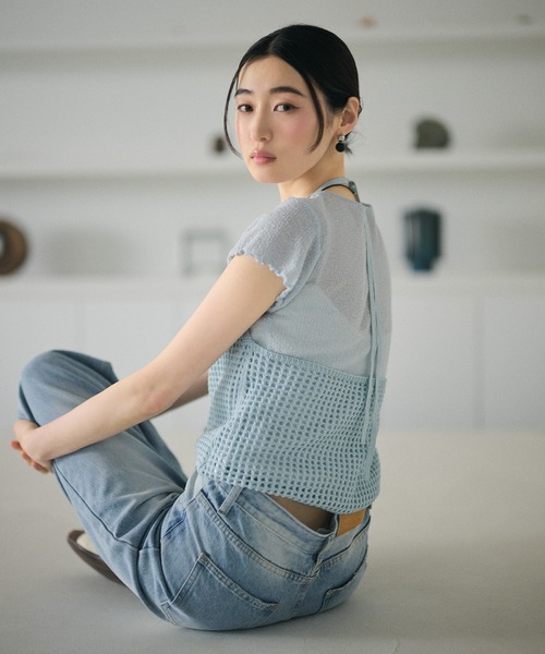 LAULEN（ローレン）の「mesh halter neck knit tops /メッシュホルターネックニットトップス（キャミソール・レディース・ブラック/イエロー/ブルー/アイボリー・FREE）」の20枚目の写真