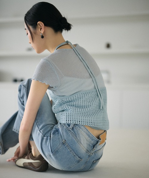 LAULEN（ローレン）の「mesh halter neck knit tops /メッシュホルターネックニットトップス（キャミソール・レディース・ブラック/イエロー/ブルー/アイボリー・FREE）」の14枚目の写真