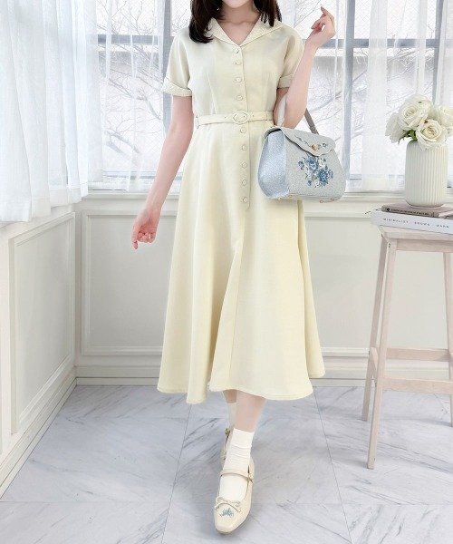 an another angelus（アンアナザーアンジェラス）の「レース使いオープンカラーワンピース/fint フィント（ワンピース・レディース・ライトグリーン/クリーム・FREE）」の7枚目の写真