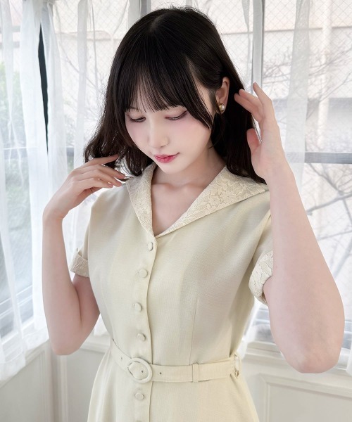 an another angelus（アンアナザーアンジェラス）の「レース使いオープンカラーワンピース/fint フィント（ワンピース・レディース・ライトグリーン/クリーム・FREE）」の8枚目の写真