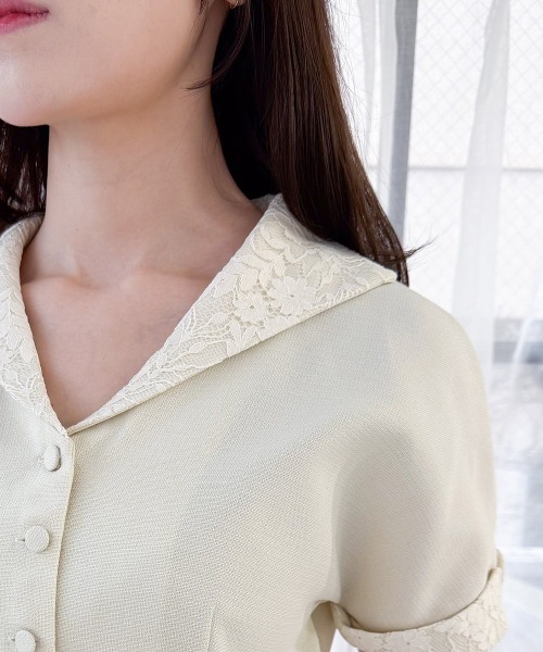 an another angelus（アンアナザーアンジェラス）の「レース使いオープンカラーワンピース/fint フィント（ワンピース・レディース・ライトグリーン/クリーム・FREE）」の10枚目の写真