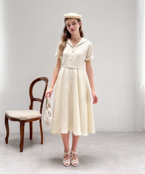 an another angelus（アンアナザーアンジェラス）の「レース使いオープンカラーワンピース/fint フィント（ワンピース・レディース・ライトグリーン/クリーム・FREE）」の3枚目の写真