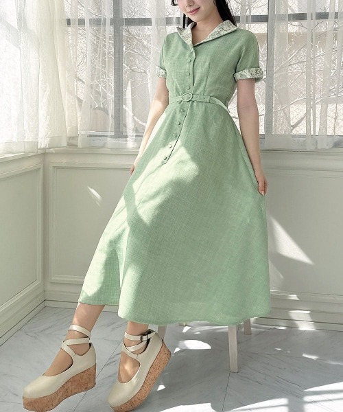 an another angelus（アンアナザーアンジェラス）の「レース使いオープンカラーワンピース/fint フィント（ワンピース・レディース・ライトグリーン/クリーム・FREE）」の13枚目の写真