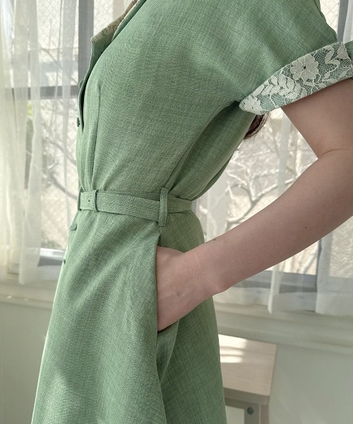 an another angelus（アンアナザーアンジェラス）の「レース使いオープンカラーワンピース/fint フィント（ワンピース・レディース・ライトグリーン/クリーム・FREE）」の15枚目の写真