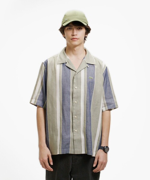 LACOSTE(ラコステ)の「ビッグストライプ リネンブレンドオープンカラーシャツ(シャツ/ブラウス・メンズ・ネイビー/アイボリー・38/41/39/40)」の1枚目の写真