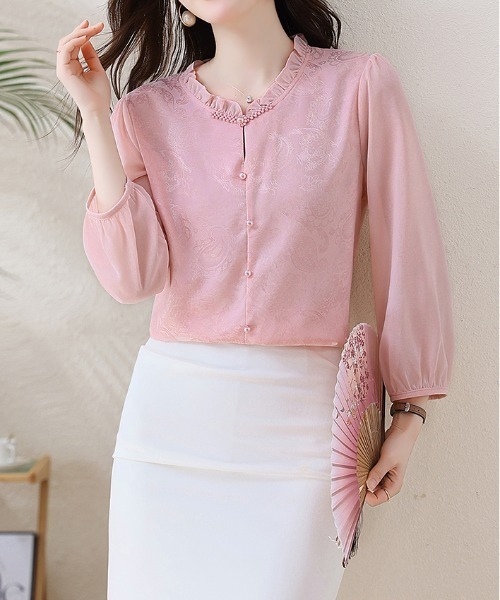 LUCPY（ラクピー）の「フリルネックレースシアーブラウス（シャツ/ブラウス・レディース・ピンク/ホワイト・XX-LARGE/X-LARGE/LARGE/MEDIUM）」の2枚目の写真