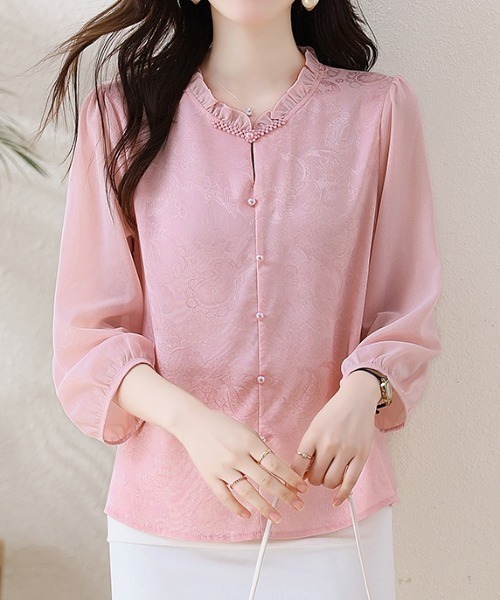 LUCPY（ラクピー）の「フリルネックレースシアーブラウス（シャツ/ブラウス・レディース・ピンク/ホワイト・XX-LARGE/X-LARGE/LARGE/MEDIUM）」の3枚目の写真