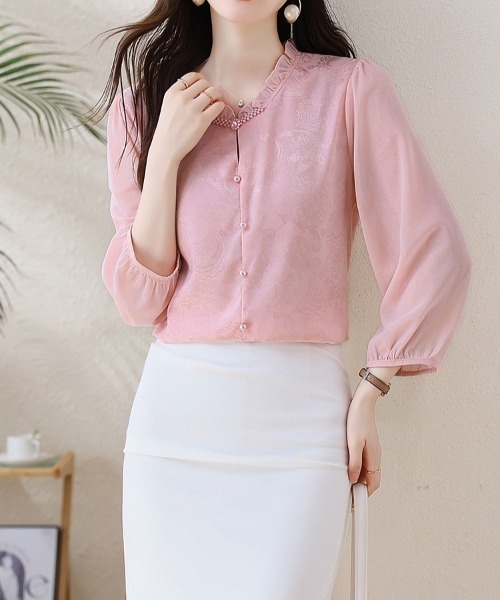 LUCPY（ラクピー）の「フリルネックレースシアーブラウス（シャツ/ブラウス・レディース・ピンク/ホワイト・XX-LARGE/X-LARGE/LARGE/MEDIUM）」の4枚目の写真