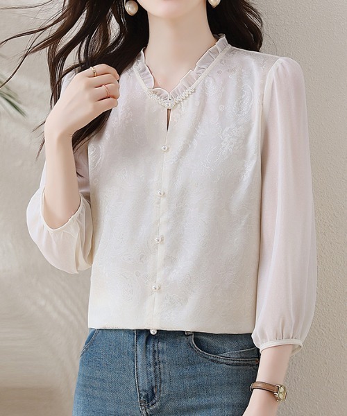 LUCPY（ラクピー）の「フリルネックレースシアーブラウス（シャツ/ブラウス・レディース・ピンク/ホワイト・XX-LARGE/X-LARGE/LARGE/MEDIUM）」の5枚目の写真