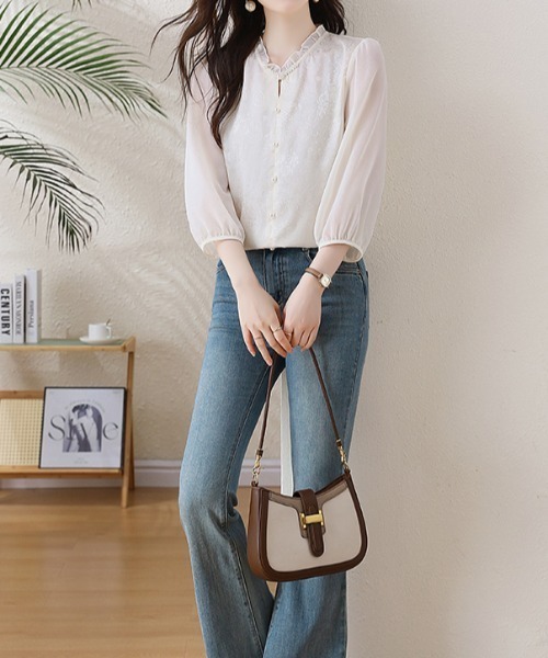 LUCPY（ラクピー）の「フリルネックレースシアーブラウス（シャツ/ブラウス・レディース・ピンク/ホワイト・XX-LARGE/X-LARGE/LARGE/MEDIUM）」の6枚目の写真