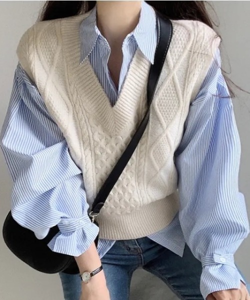 semuse(セミューズ)の「ストライプ柄ボリュームスリーブオーバーサイズシャツ(シャツ/ブラウス・レディース・ブラック/ブルー・FREE)」の9枚目の写真