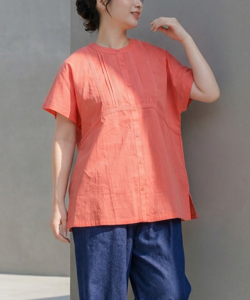 MARAI(マーライ)の「レース ノーカラー 半袖シャツブラウス(シャツ/ブラウス・レディース・グリーン/オレンジ/オフホワイト/ブラック・フリー)」の4枚目の写真