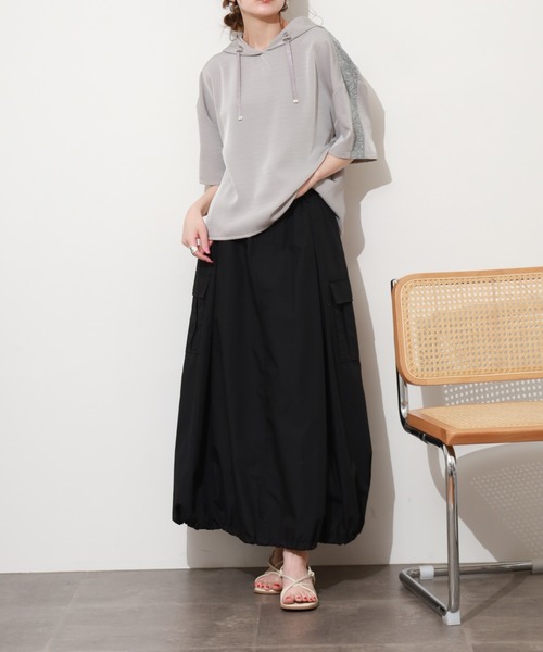 EGLANTINE(エグランティーヌ)の「EGLANTINE フーディラメプルオーバー 半袖(Tシャツ/カットソー・レディース・ネイビー/グレイッシュベージュ・38)」の8枚目の写真