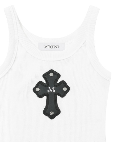MUCENT（ムセント）の「MUCENT（ムセント）-CROSS LEATHER PATCH SLEEVELESS（タンクトップ・レディース・ブラック/ホワイト/ブラック系2/ホワイト系2・FREE）」の2枚目の写真