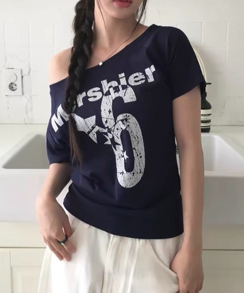 Vipoa(ヴィポア)の「AmericanロゴワンショルTシャツ(Tシャツ/カットソー・レディース・イエロー/ネイビー/グレー/ホワイト・FREE)」の15枚目の写真