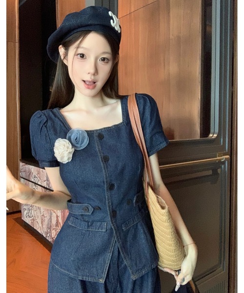 FAVORITO(ファヴォリート)の「デニムトップスワイドパンツセットアップ(セットアップ・レディース・ダークブルー・S/M/L/XL)」の2枚目の写真