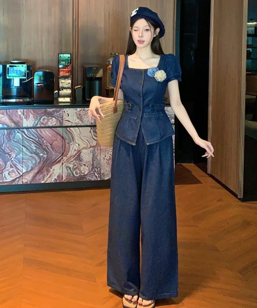 FAVORITO(ファヴォリート)の「デニムトップスワイドパンツセットアップ(セットアップ・レディース・ダークブルー・S/M/L/XL)」の7枚目の写真