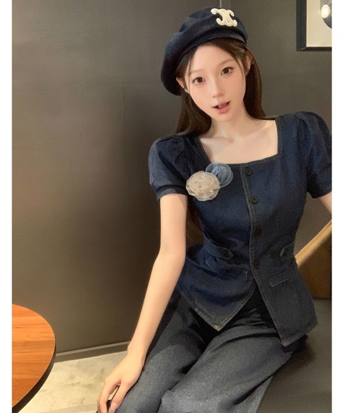 FAVORITO(ファヴォリート)の「デニムトップスワイドパンツセットアップ(セットアップ・レディース・ダークブルー・S/M/L/XL)」の6枚目の写真
