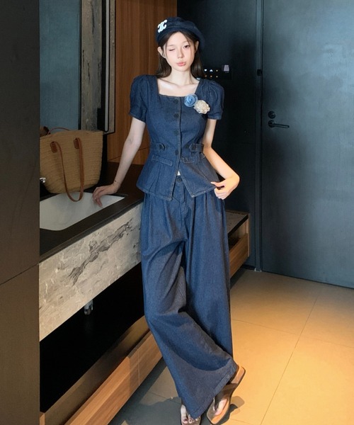FAVORITO(ファヴォリート)の「デニムトップスワイドパンツセットアップ(セットアップ・レディース・ダークブルー・S/M/L/XL)」の9枚目の写真