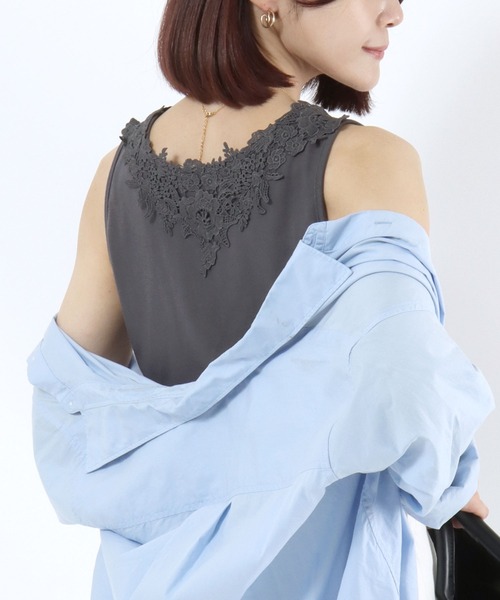 Salong hameu(サロン ハミュー)の「レースネックデザイン タンクトップ/インナー/レディース(タンクトップ・レディース・スミクロ/ピンク/ライトグリーン/ホワイト・M/L)」の1枚目の写真
