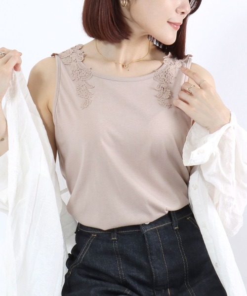 Salong hameu(サロン ハミュー)の「レースネックデザイン タンクトップ/インナー/レディース(タンクトップ・レディース・スミクロ/ピンク/ライトグリーン/ホワイト・M/L)」の2枚目の写真