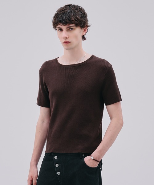 ribbed short sleeve knit T-shirt / リブショートスリーブニットT（T