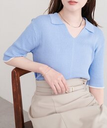 ラメリブ５分袖ポロニット