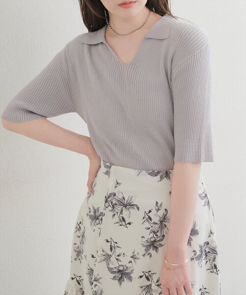 natural couture（ナチュラルクチュール）の「ラメリブ５分袖ポロニット（ニット/セーター・レディース・グレー/チャコールグレー/ブルー/ピンク/オフホワイト・FREE）」の16枚目の写真