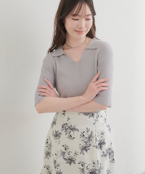 natural couture（ナチュラルクチュール）の「ラメリブ５分袖ポロニット（ニット/セーター・レディース・グレー/チャコールグレー/ブルー/ピンク/オフホワイト・FREE）」の18枚目の写真