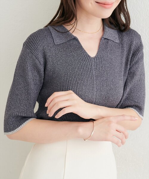 natural couture（ナチュラルクチュール）の「ラメリブ５分袖ポロニット（ニット/セーター・レディース・グレー/チャコールグレー/ブルー/ピンク/オフホワイト・FREE）」の10枚目の写真