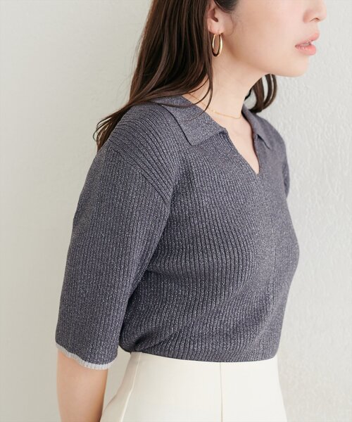 natural couture（ナチュラルクチュール）の「ラメリブ５分袖ポロニット（ニット/セーター・レディース・グレー/チャコールグレー/ブルー/ピンク/オフホワイト・FREE）」の12枚目の写真