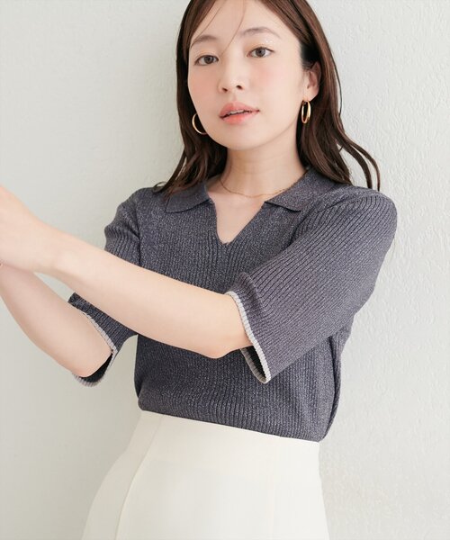 natural couture（ナチュラルクチュール）の「ラメリブ５分袖ポロニット（ニット/セーター・レディース・グレー/チャコールグレー/ブルー/ピンク/オフホワイト・FREE）」の13枚目の写真