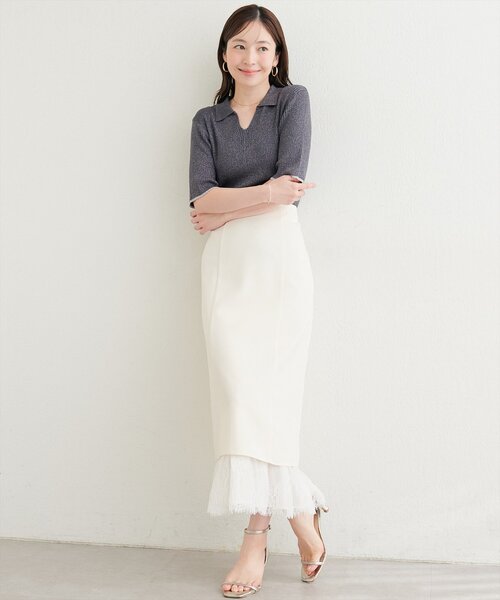 natural couture（ナチュラルクチュール）の「ラメリブ５分袖ポロニット（ニット/セーター・レディース・グレー/チャコールグレー/ブルー/ピンク/オフホワイト・FREE）」の14枚目の写真
