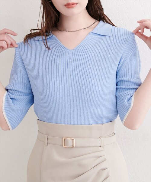 natural couture（ナチュラルクチュール）の「ラメリブ５分袖ポロニット（ニット/セーター・レディース・グレー/チャコールグレー/ブルー/ピンク/オフホワイト・FREE）」の20枚目の写真