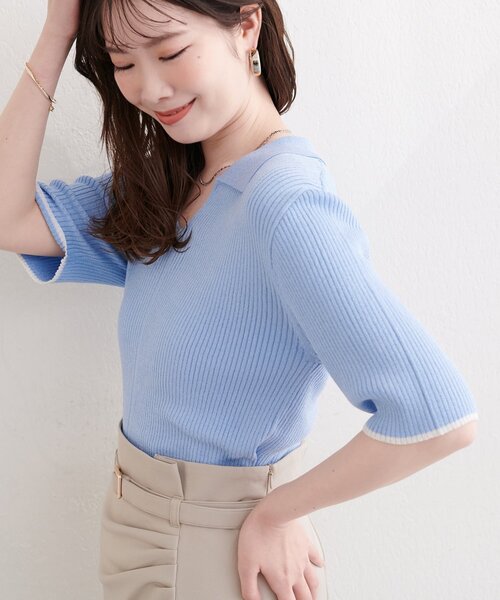 natural couture（ナチュラルクチュール）の「ラメリブ５分袖ポロニット（ニット/セーター・レディース・グレー/チャコールグレー/ブルー/ピンク/オフホワイト・FREE）」の22枚目の写真