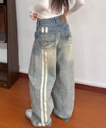 バック2本ラインハイウエストデニムワイドパンツ